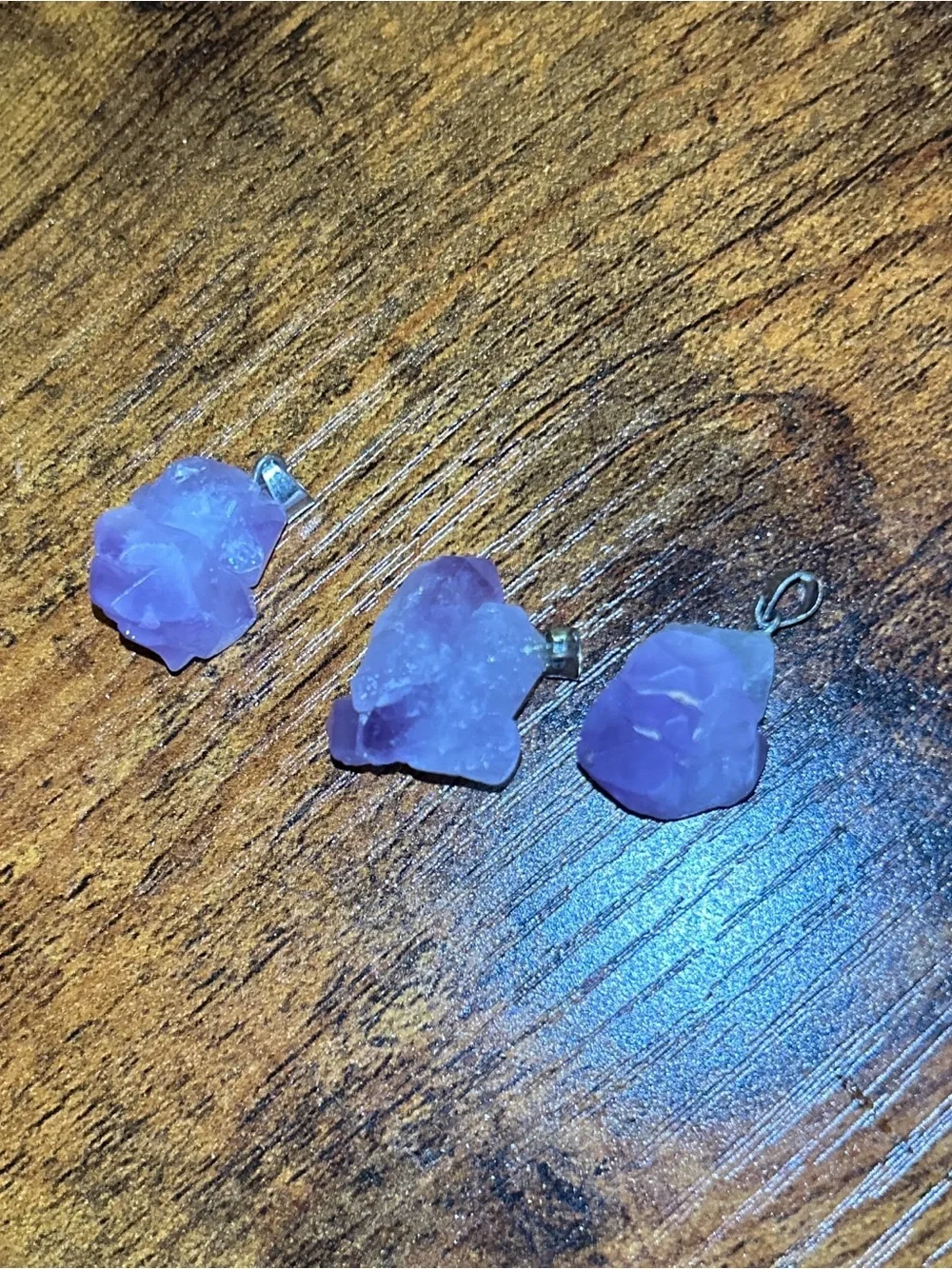 Amethyst crystal pendants, set of 3 raw stone pendants with silver-tone bails